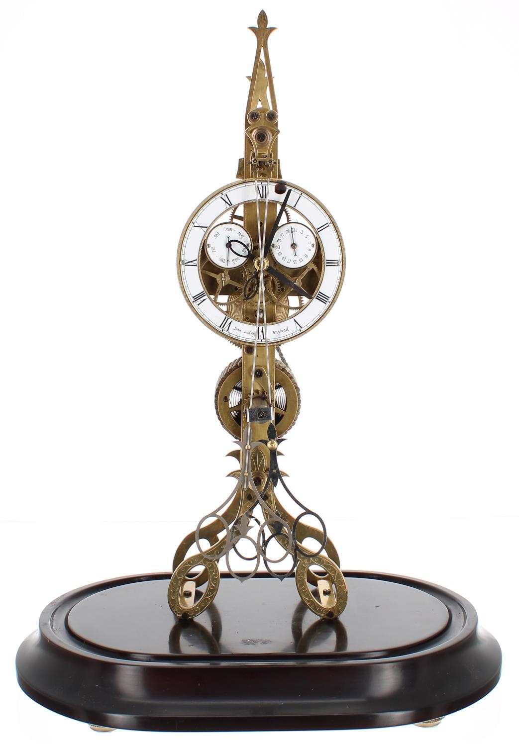 Contemporary brass single fusee scissor action skeleton clock, the 4.5? white chapter ring signed