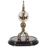 Contemporary brass single fusee scissor action skeleton clock, the 4.5? white chapter ring signed