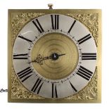 Quaker Hook and spike thirty hour wall clock, the 9" square brass dial with silver chapter ring