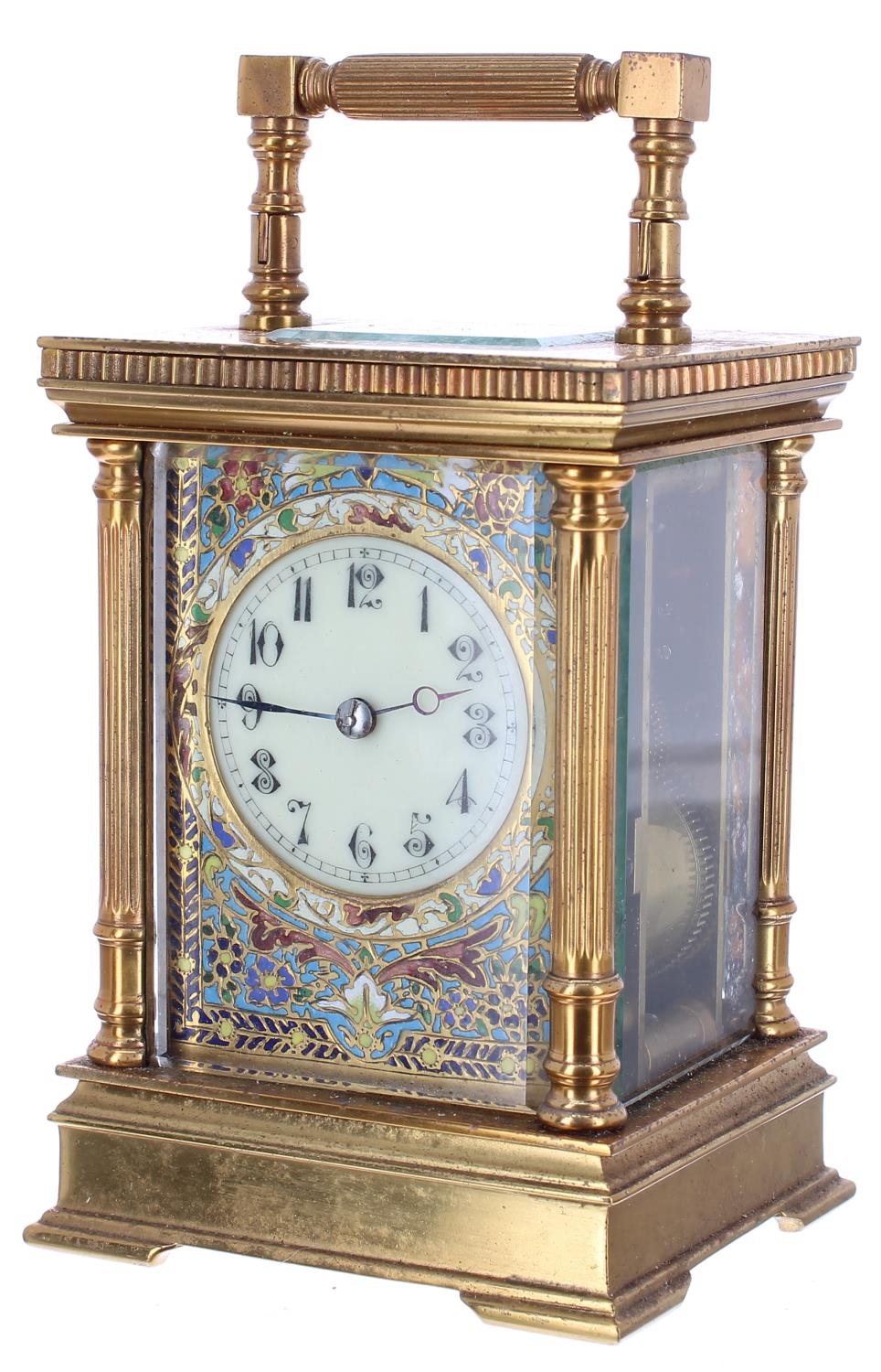 French carriage clock striking on a gong, the 2" cream dial within a champleve foliate enamelled - Image 2 of 4