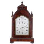 Good English mahogany double fusee gothic bracket clock with bracket, the 8" printed arched dial