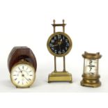 Interesting brass cased drumhead travelling mantel clock timepiece with thermometer and registration
