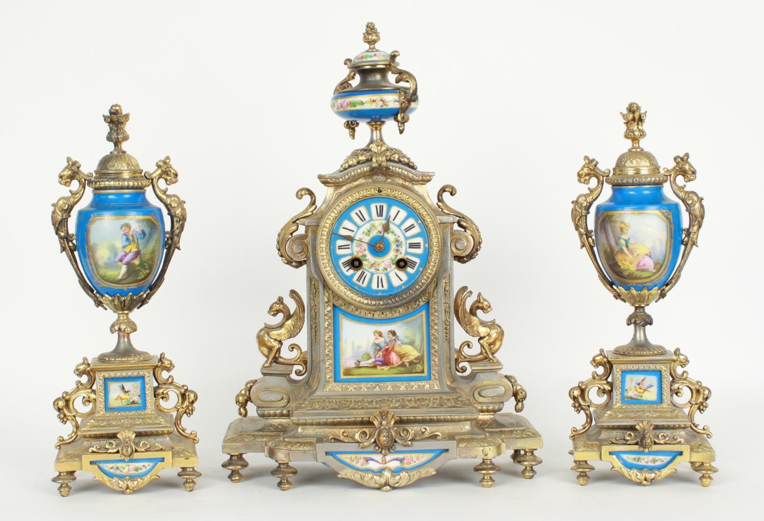 French gilt metal and porcelain mounted two train mantel clock garniture, the Japys Freres