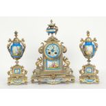 French gilt metal and porcelain mounted two train mantel clock garniture, the Japys Freres