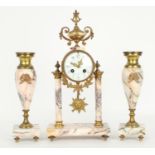 French gilt metal and black veined marble two train portico mantel clock garniture striking on a