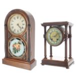 Mahogany portico two train drumhead mantel clock striking on a bell, 11.75" high (pendulum); also