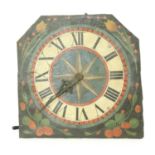 Interesting early German verge hoop and spike iron cased wall clock, the 10" painted square dial