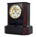 French black slate and red marble two train mantel clock striking on a bell, the 4" white chapter