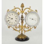 Small gilt metal and chrome cased Guilmet clock/barometer compendium, the clock back plate stamped