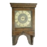 Early English oak cased hooded single train wall clock with alarm, the 8" square brass dial signed