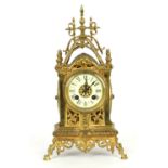 French brass two train mantel clock, the Mougin movement with outside countwheel striking on a bell,