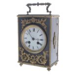 French ebonised and gilt metal mounted two train mantel clock, the movement back plate bearing the