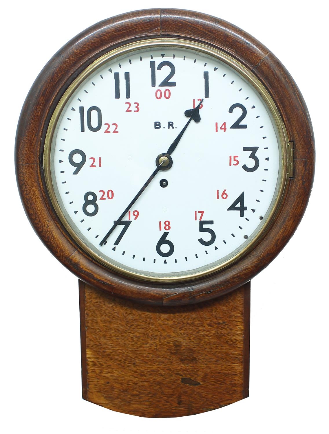 British Railway (Western Region) oak 12" drop dial wall clock, the dial inscribed B.R. with twenty