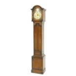 Good oak three train grandmother clock, the 8" brass arched dial inscribed Tempus Fegit on a