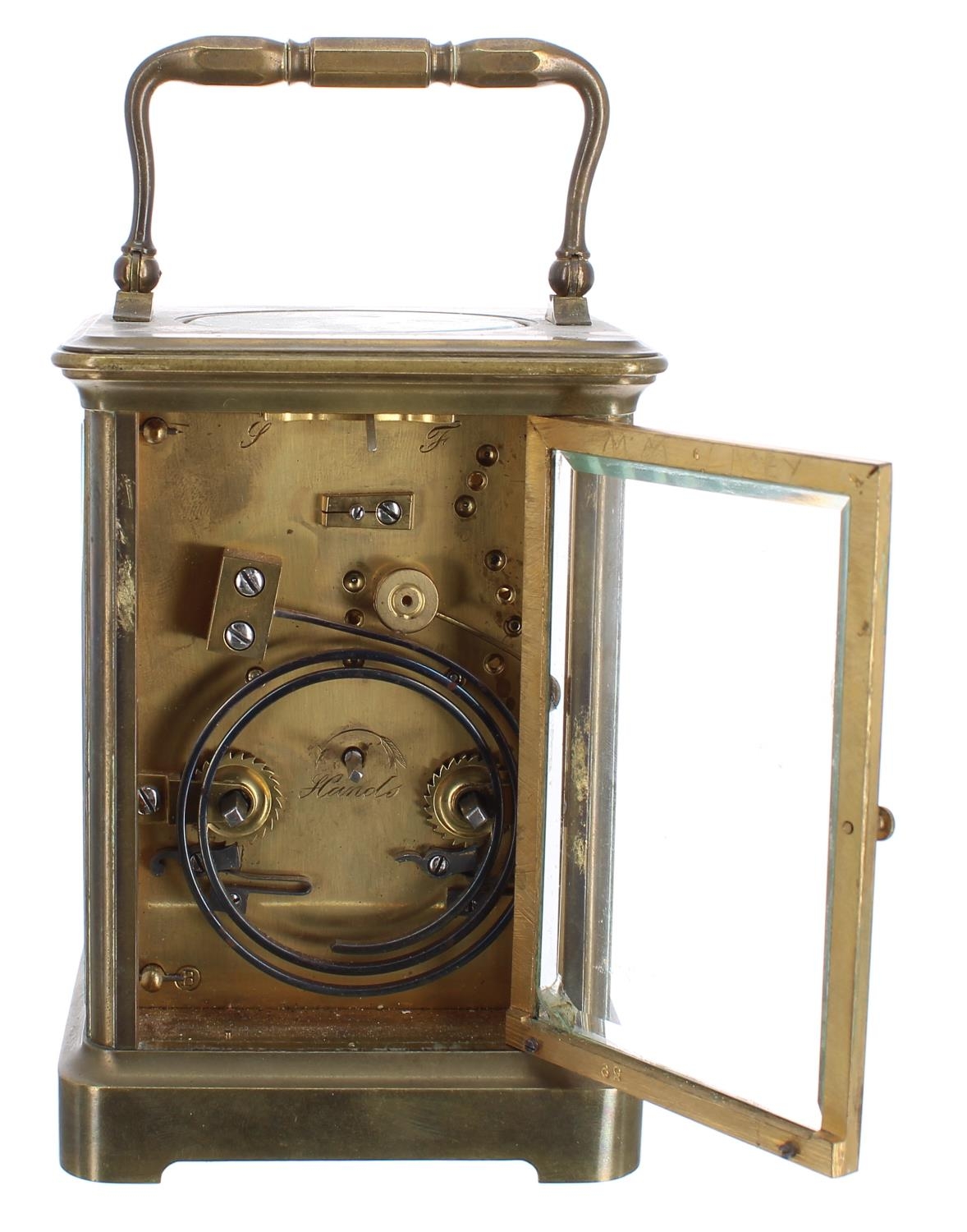 French carriage clock striking on a gong, the backplate stamped with a B in a circle, the dial - Image 4 of 4