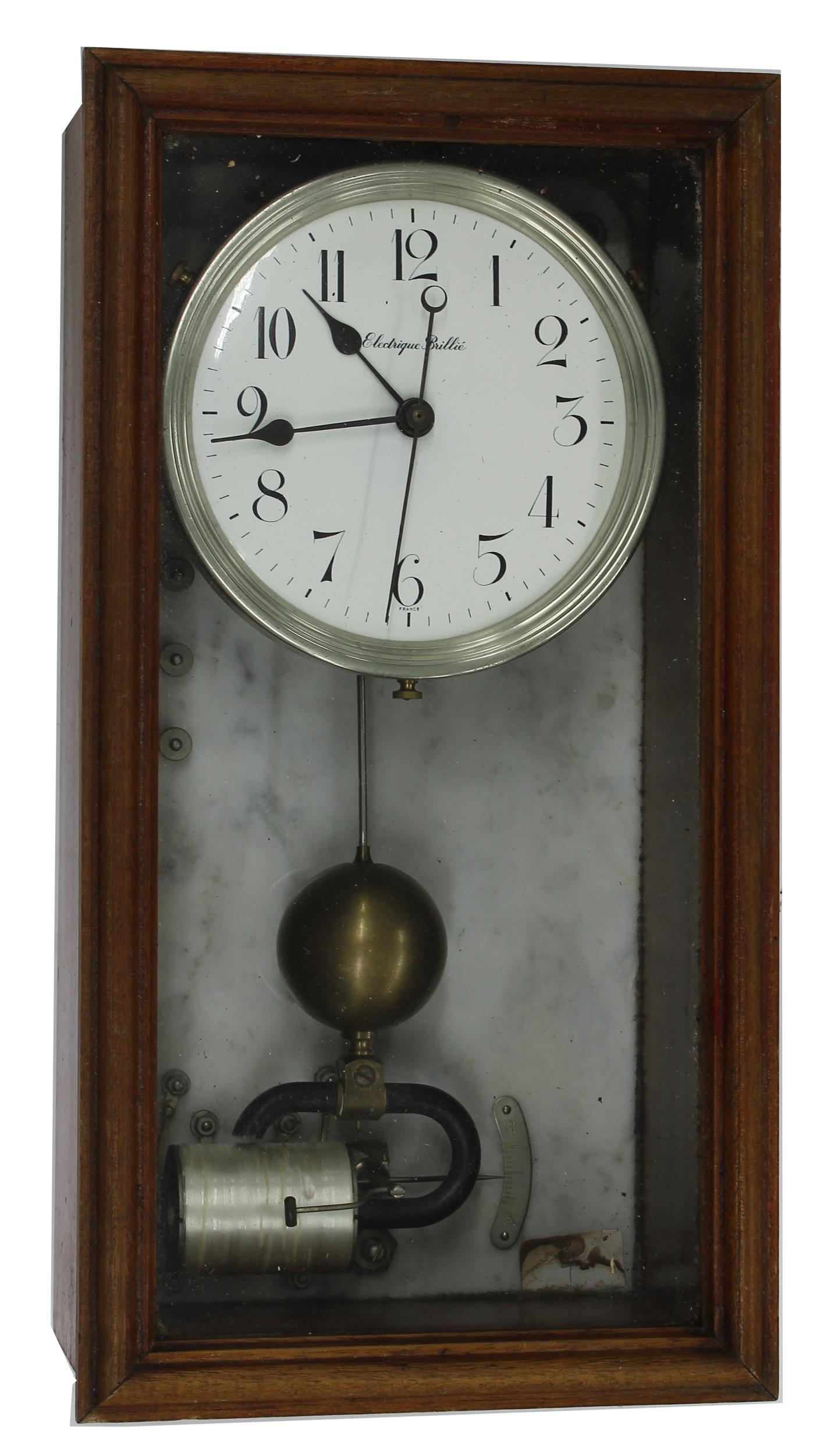 Electrique Brillie wall clock, the 5.75" white dial within a mahogany glazed case with marble slab