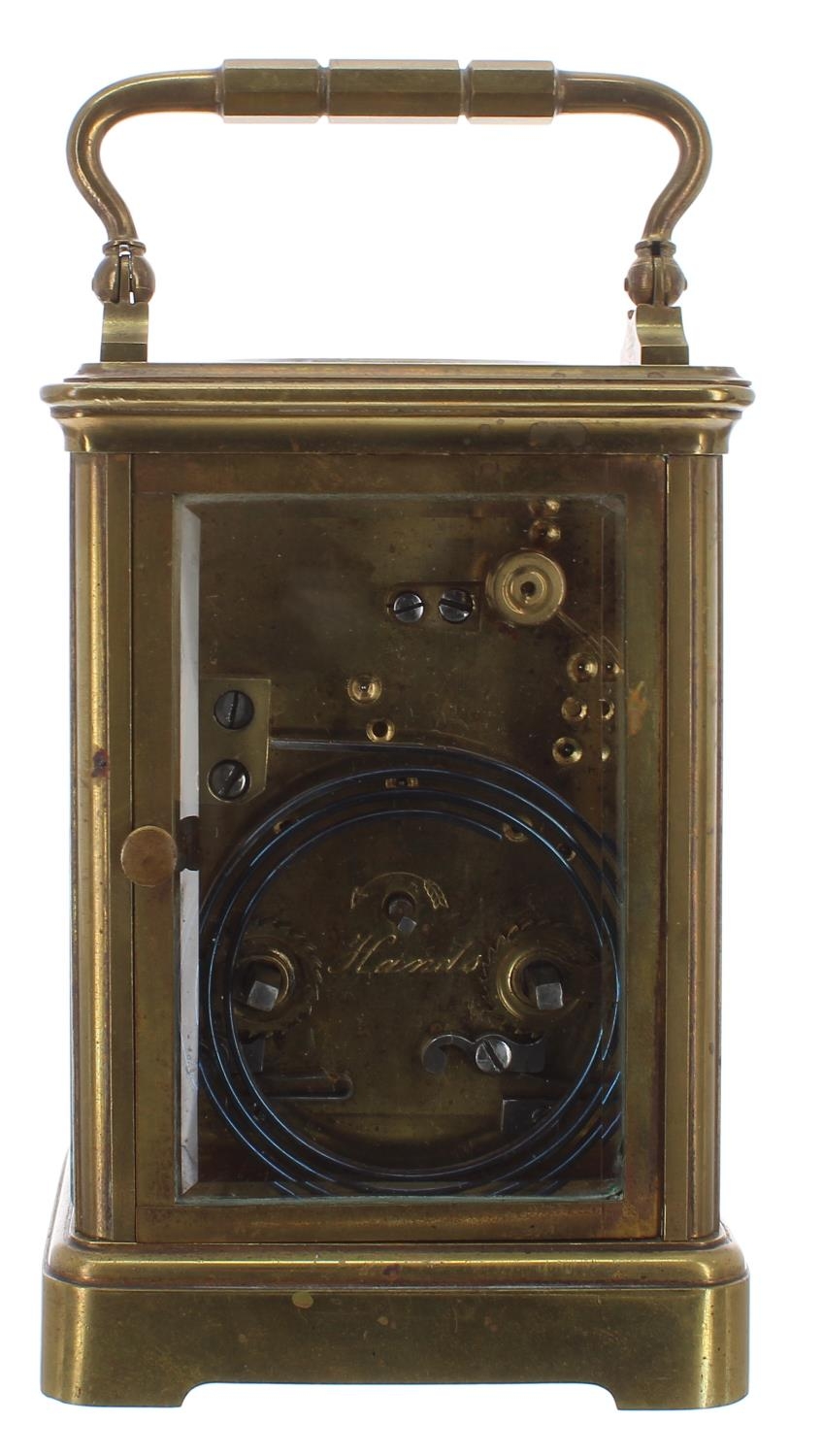 French carriage clock striking on a gong, within a corniche brass case, 6.5" high; also with outer - Image 3 of 3