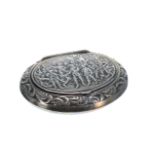 Dutch silver (835) oval snuff box, the hinged cover repousse decorated depicting a battle scene, 2.