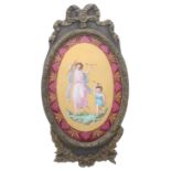 Painted oval porcelain plaque depicting a classical scene of a goddess with bow and arrow