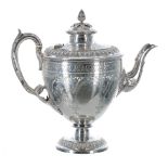 Good Victorian silver pedestal coffee pot, the hinged cover surmounted by an acorn finial, with leaf