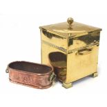 Arts & Crafts style brass square fireside bin, 11" x 11", 15" high; together with a copper brass