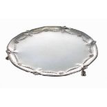 Victorian silver card tray, repousse decorated with foliate swag borders within a beaded rim, raised