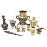 Selection of Eastern brass items, to include twin handled jar, small vases, eagle figure, pair of