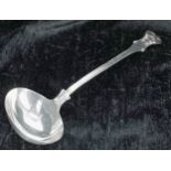 Victorian silver soup ladle, with deer crested handle, maker Charles Wallis, London 1853, 13"