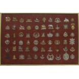 Military Regimental cap badges - large collection of sixty-one examples mounted in a display