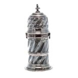 Victorian/Edwardian silver sugar caster, with scrolling pierced cover and wrythen fluted body, marks