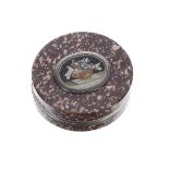 Fine quality Italian porphyry micro mosaic circular box and cover in the manner of Giacomo Raffaelli