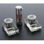 Pair of attractive silver and porcelain glass inkwells, each with encrusted flower on a faux ivory