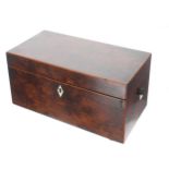 Georgian yew wood tea caddy, the hinged cover enclosing divided interior with two boxes and circular