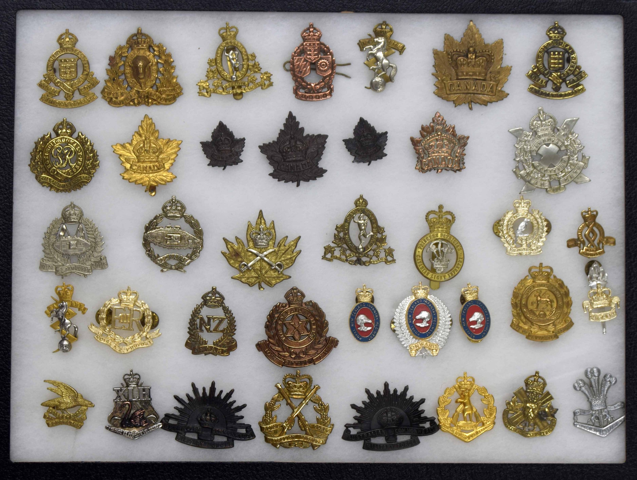 Military Regimental cap badges - collection of thirty-eight examples mounted in a display frame,