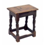 Antique oak joynt stool, the moulded top over turned supports united by stretchers, 18.25" wide,