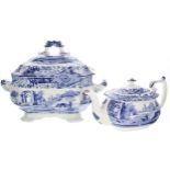 Large Spode 'Italian' pattern blue and white transfer print tureen and cover, 14" wide, 9" deep, 10"