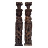 Pair of interesting Flemish 17th century carved oak figural terms (caryatids), both 25.5" high