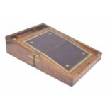 Victorian walnut writing slope, the hinged cover with inlaid brass strapwork and corners enclosing a