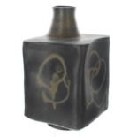 Studio stoneware pottery vase, of eccentric cuboid form with off-centre neck, monogrammed M D to the