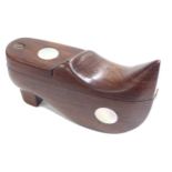 Novelty treen snuff box in the form of a clog, with inlaid mother of pearl eyes, metal pique inlay