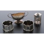 Pair of engine turned silver napkin rings, maker 'BL, 2.1oz t; also miniature silver twin handled