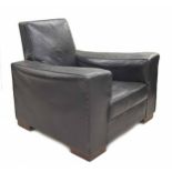 Art Deco 1930s black leather Fortnum & Mason design easy chair, 39" wide, 35" deep, 34" high