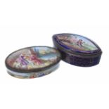 Antique French elliptical enamelled patch box, the hinged cover decorated with a courting couple,