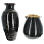 Decorative urn form studio pottery vase, with gilt rim and silvered handles, monogrammed in gilt