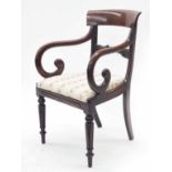 Regency mahogany carver armchair, with scrolling foliate carved bar back over sweeping scroll arms