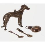 Miniatures to include a 9ct gold greyhound dog charm,19.2g, 32mm high; miniature flask charm 25mm,