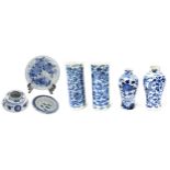 Selection of Chinese export blue and white porcelain; to include pair of cylinder vases densely