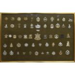Military Regimental cap badges - large collection of fifty-six examples mounted in a display