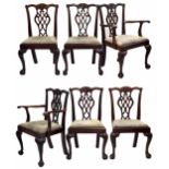 Set of six Chippendale style mahogany dining chairs, the interlaced splats over drop-in seats,