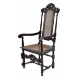 Set of five late 17th century style English ebonised oak and cane high-backed chairs (one carver and